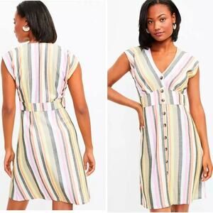 LOFT Petite Striped Button Front Dress Size 00P Multicolor V-Neck Mini